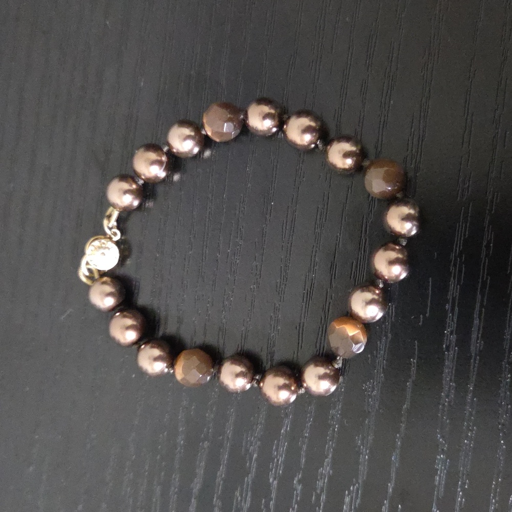 Monet Faux Brown Pearl Bracelet Glass Faceted Beads Signed Costume Jewelry